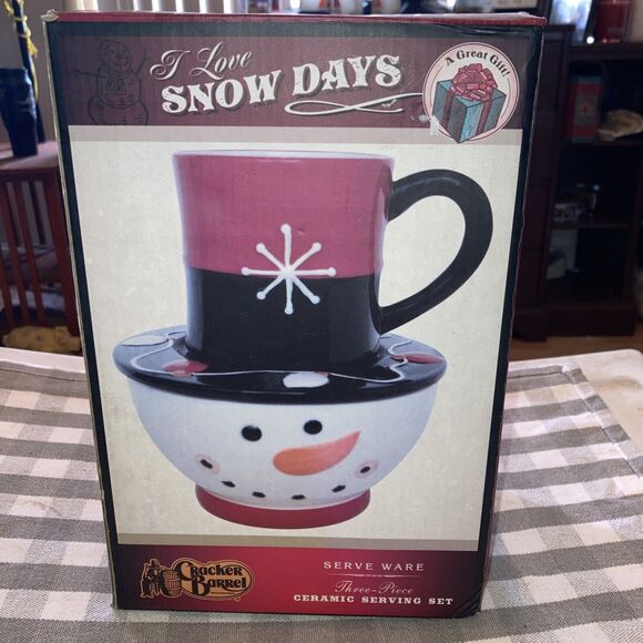 NIB CRACKER BARREL I Love Snow Days Christmas Snowman serve ware 3pd ceramic BD - Picture 1 of 3